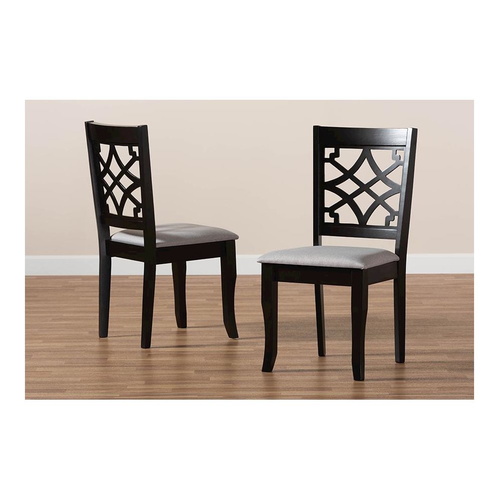 Grey Fabric Upholstered and Dark Brown Finished Wood 2-Piece Dining Chair Set. Picture 7