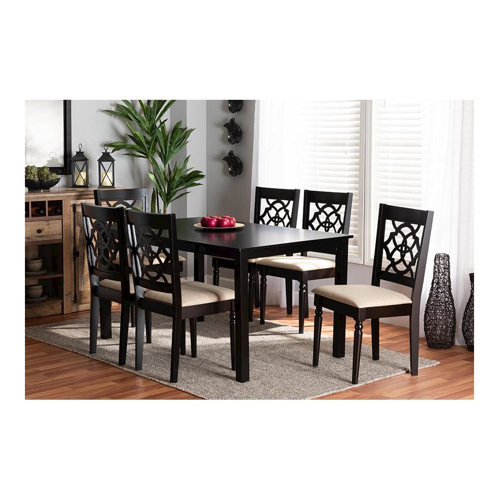 Sand Fabric Upholstered and Dark Brown Finished Wood 7-Piece Dining Set. Picture 7