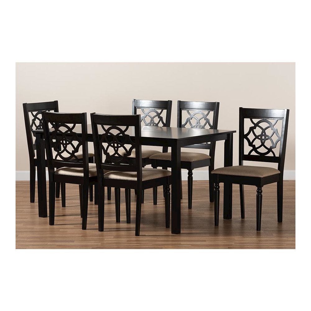 Sand Fabric Upholstered and Dark Brown Finished Wood 7-Piece Dining Set. Picture 8