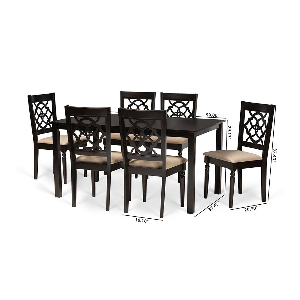 Sand Fabric Upholstered and Dark Brown Finished Wood 7-Piece Dining Set. Picture 9