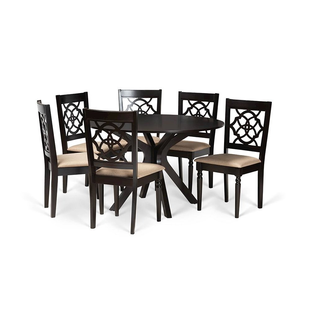 Sand Fabric Upholstered and Dark Brown Finished Wood 7-Piece Dining Set. Picture 1