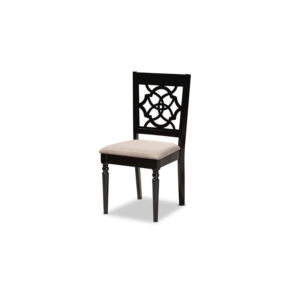 Sand Fabric Upholstered and Dark Brown Finished Wood 7-Piece Dining Set. Picture 2