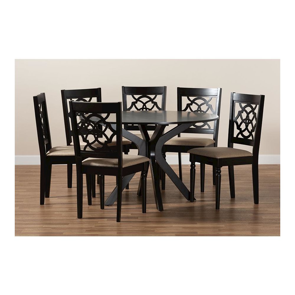 Sand Fabric Upholstered and Dark Brown Finished Wood 7-Piece Dining Set. Picture 8