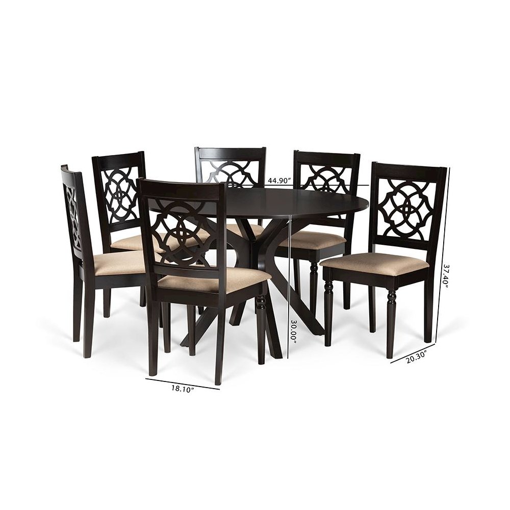 Sand Fabric Upholstered and Dark Brown Finished Wood 7-Piece Dining Set. Picture 9