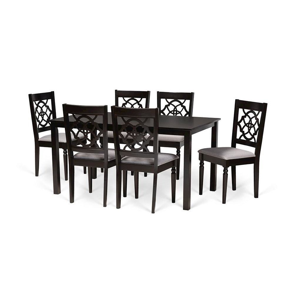 Grey Fabric Upholstered and Dark Brown Finished Wood 7-Piece Dining Set. Picture 1