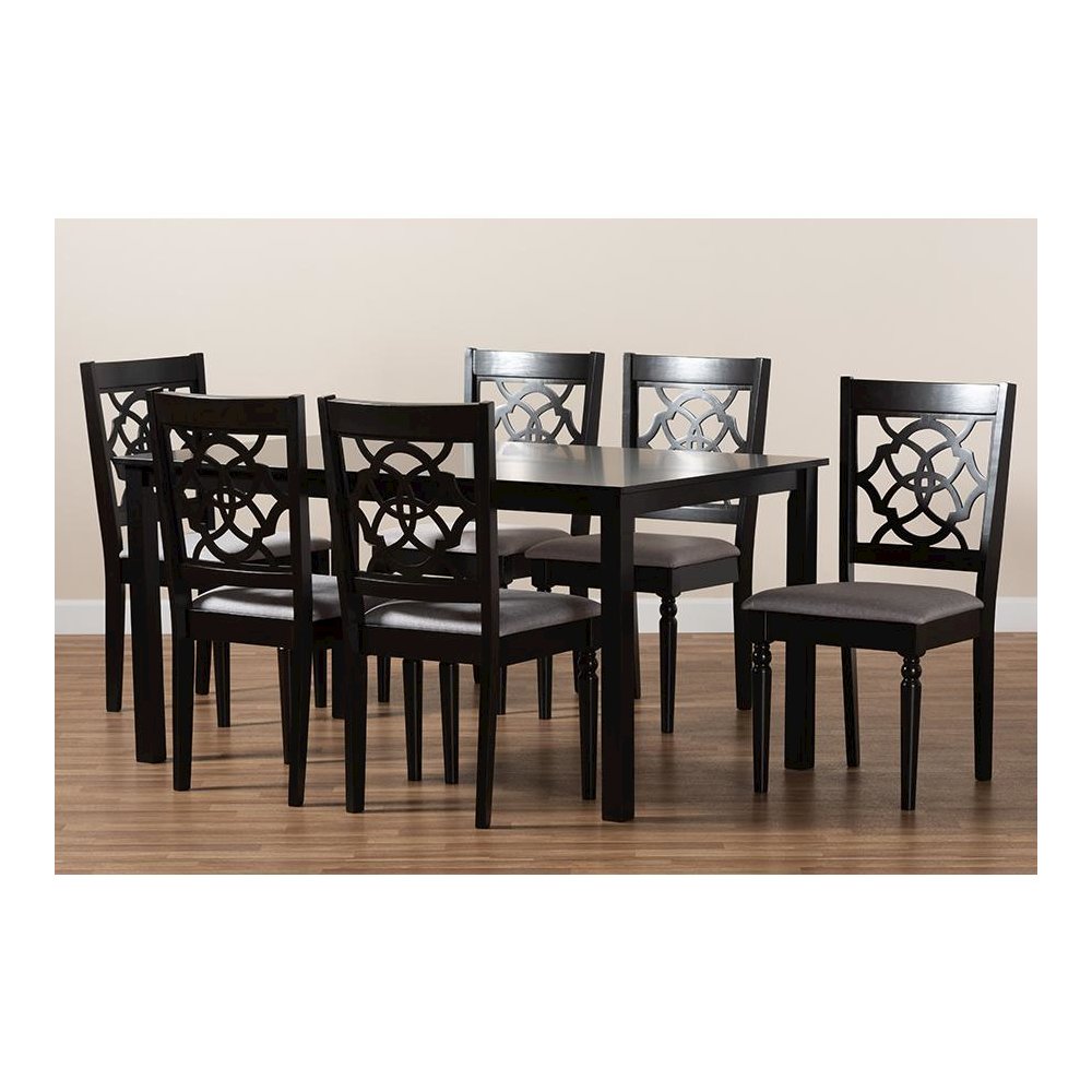 Grey Fabric Upholstered and Dark Brown Finished Wood 7-Piece Dining Set. Picture 8