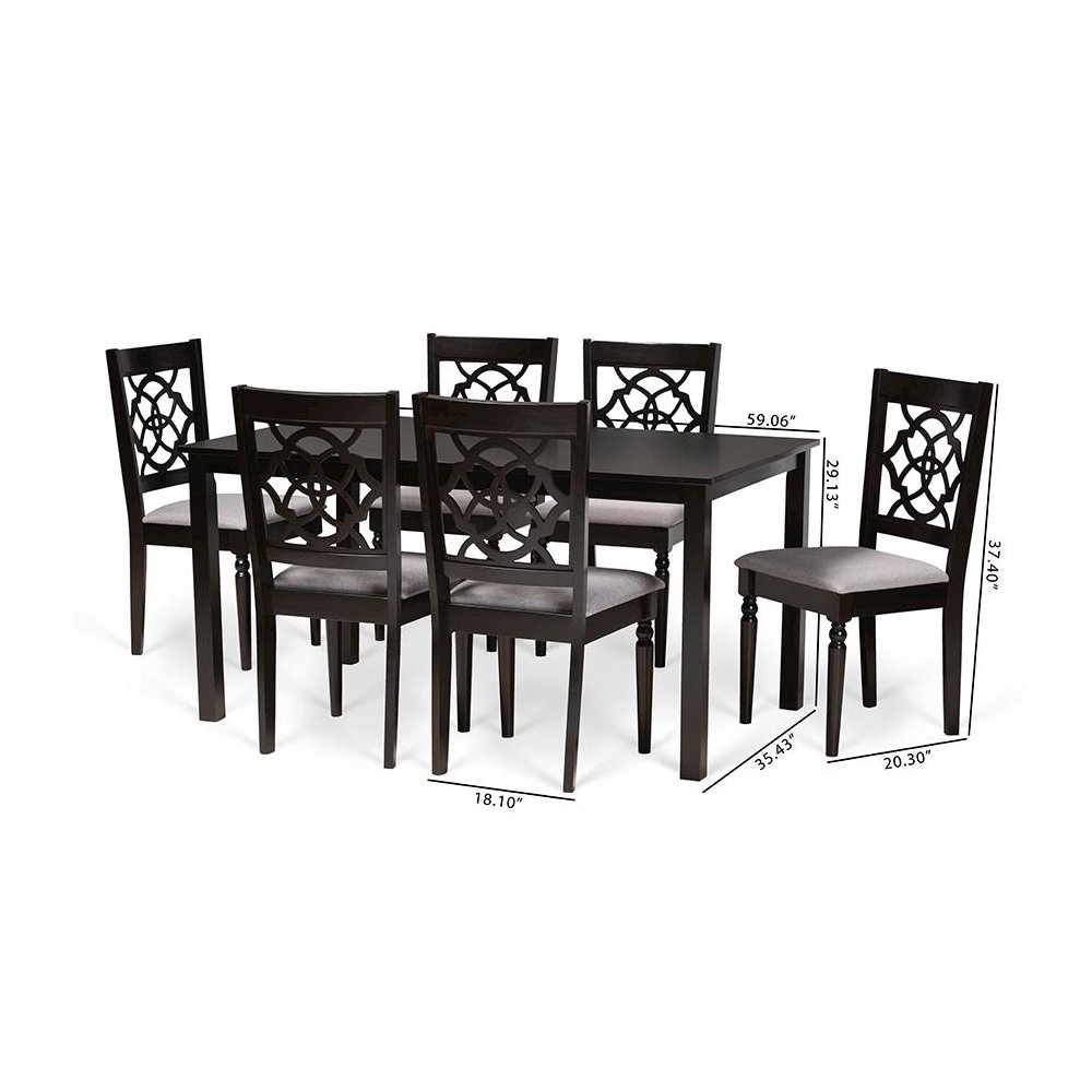 Grey Fabric Upholstered and Dark Brown Finished Wood 7-Piece Dining Set. Picture 9