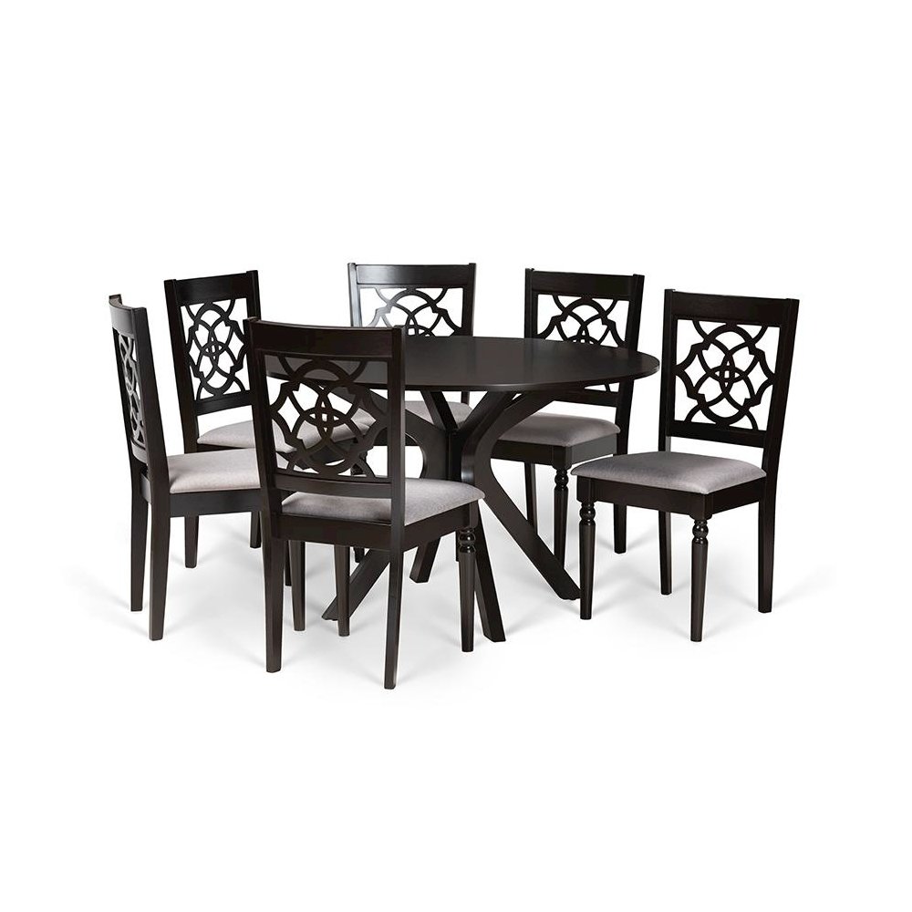 Grey Fabric Upholstered and Dark Brown Finished Wood 7-Piece Dining Set. Picture 1