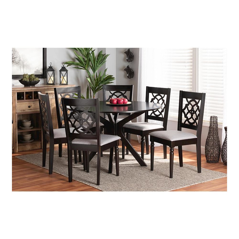Grey Fabric Upholstered and Dark Brown Finished Wood 7-Piece Dining Set. Picture 7