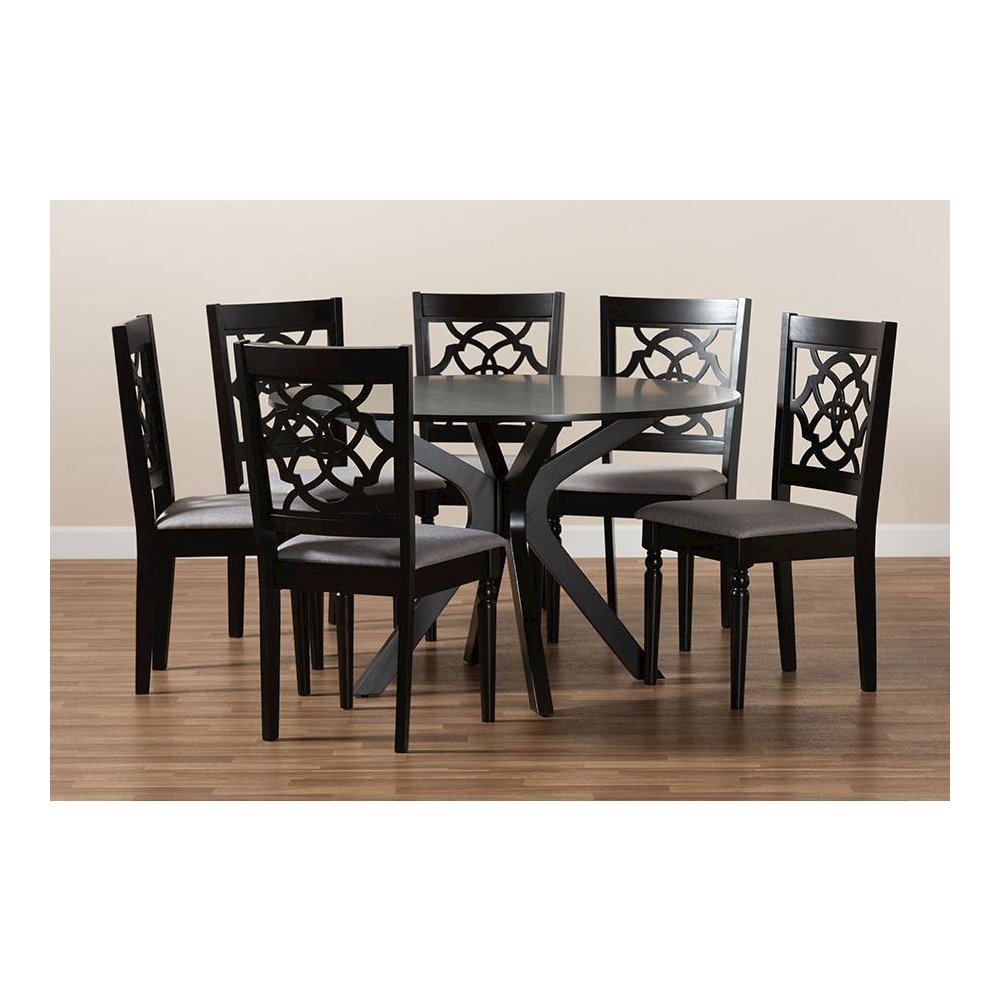 Grey Fabric Upholstered and Dark Brown Finished Wood 7-Piece Dining Set. Picture 8