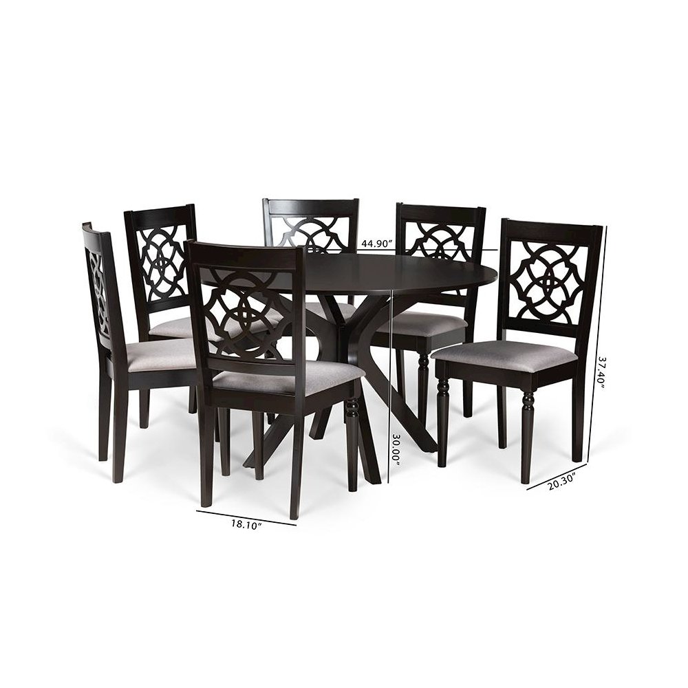 Grey Fabric Upholstered and Dark Brown Finished Wood 7-Piece Dining Set. Picture 9