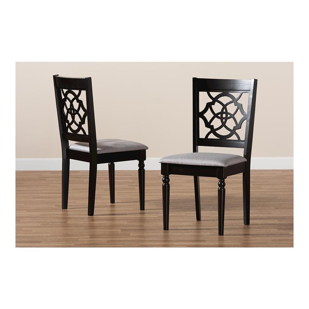 Grey Fabric Upholstered and Dark Brown Finished Wood 2-Piece Dining Chair Set. Picture 7