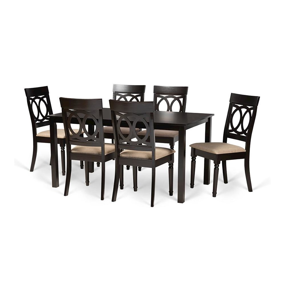Sand Fabric Upholstered and Dark Brown Finished Wood 7-Piece Dining Set. Picture 1
