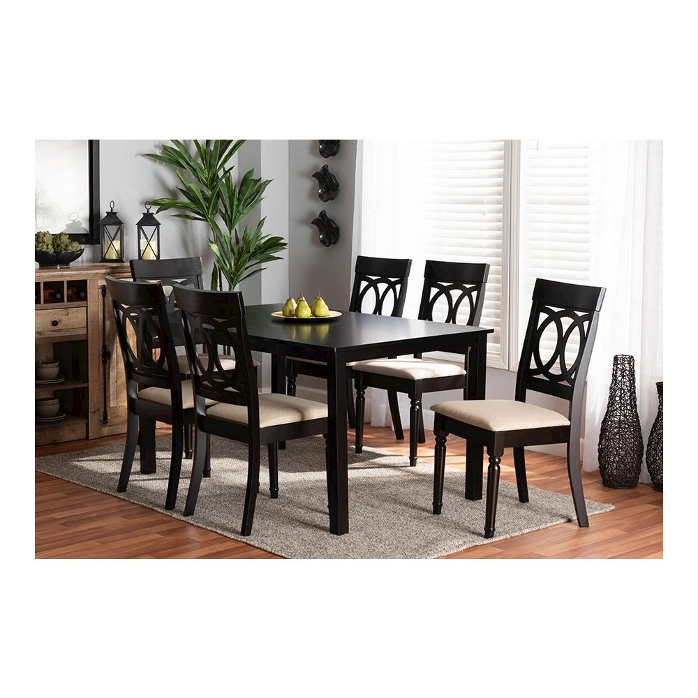 Sand Fabric Upholstered and Dark Brown Finished Wood 7-Piece Dining Set. Picture 7