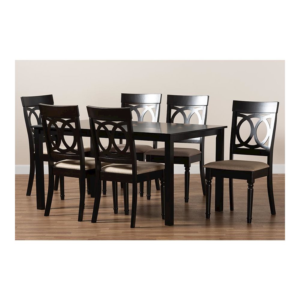 Sand Fabric Upholstered and Dark Brown Finished Wood 7-Piece Dining Set. Picture 8