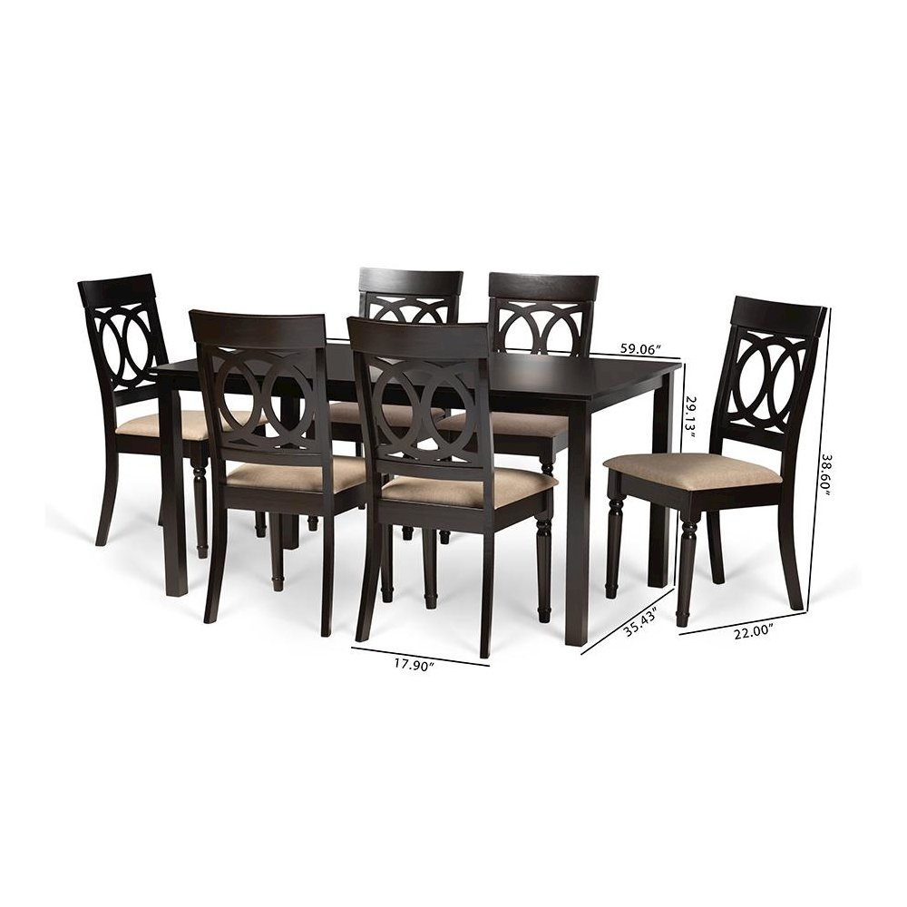 Sand Fabric Upholstered and Dark Brown Finished Wood 7-Piece Dining Set. Picture 9