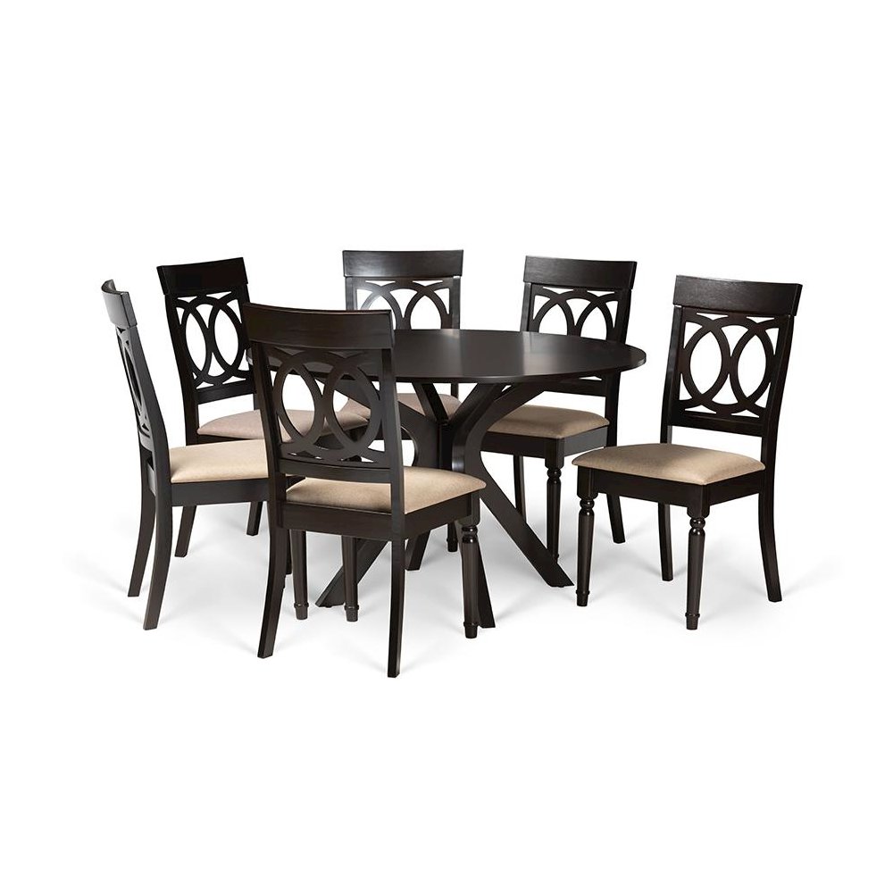 Sand Fabric Upholstered and Dark Brown Finished Wood 7-Piece Dining Set. Picture 1