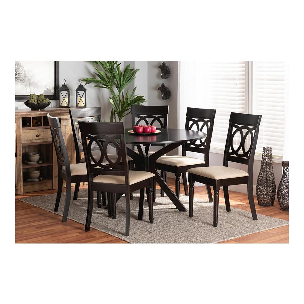 Sand Fabric Upholstered and Dark Brown Finished Wood 7-Piece Dining Set. Picture 7