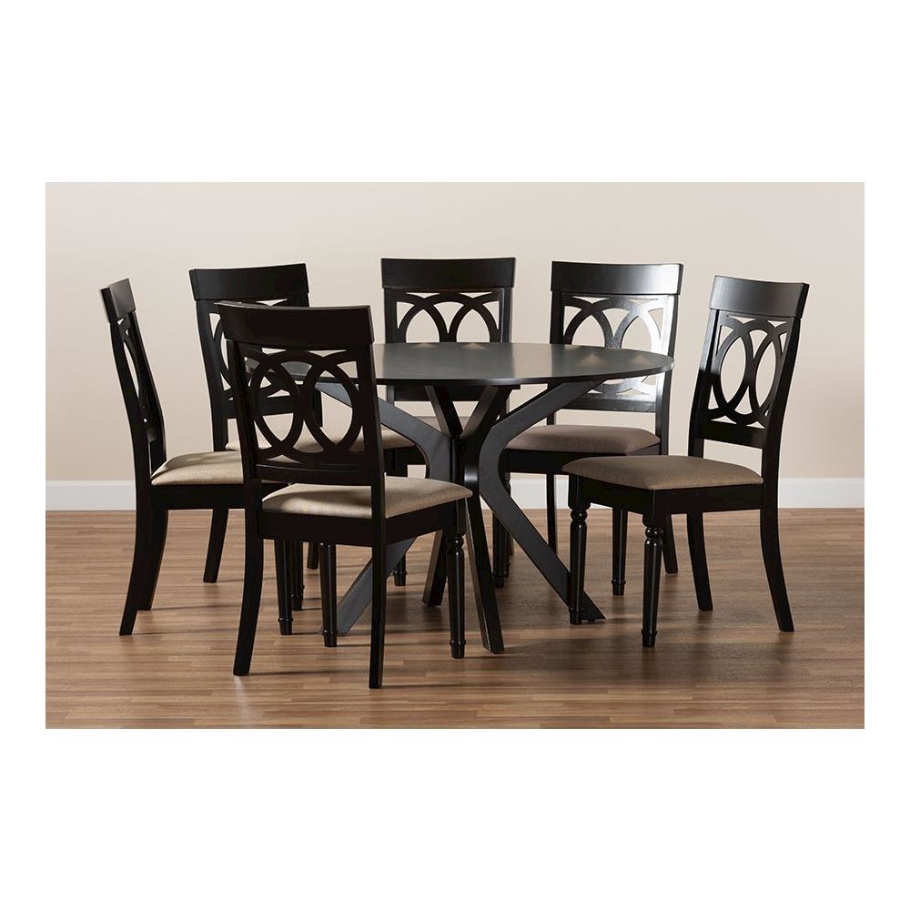 Sand Fabric Upholstered and Dark Brown Finished Wood 7-Piece Dining Set. Picture 8