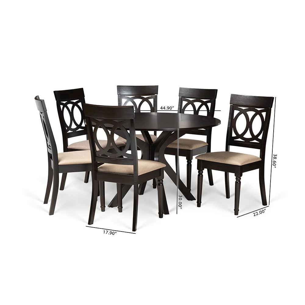 Sand Fabric Upholstered and Dark Brown Finished Wood 7-Piece Dining Set. Picture 9