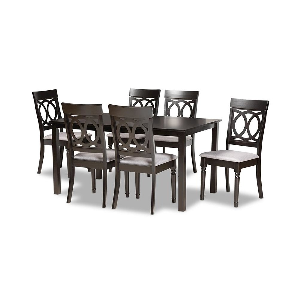 Grey Fabric Upholstered and Dark Brown Finished Wood 7-Piece Dining Set. Picture 1