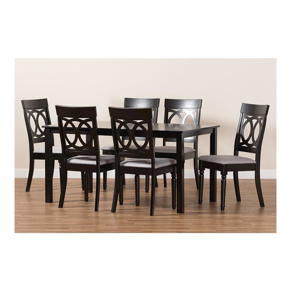 Grey Fabric Upholstered and Dark Brown Finished Wood 7-Piece Dining Set. Picture 8