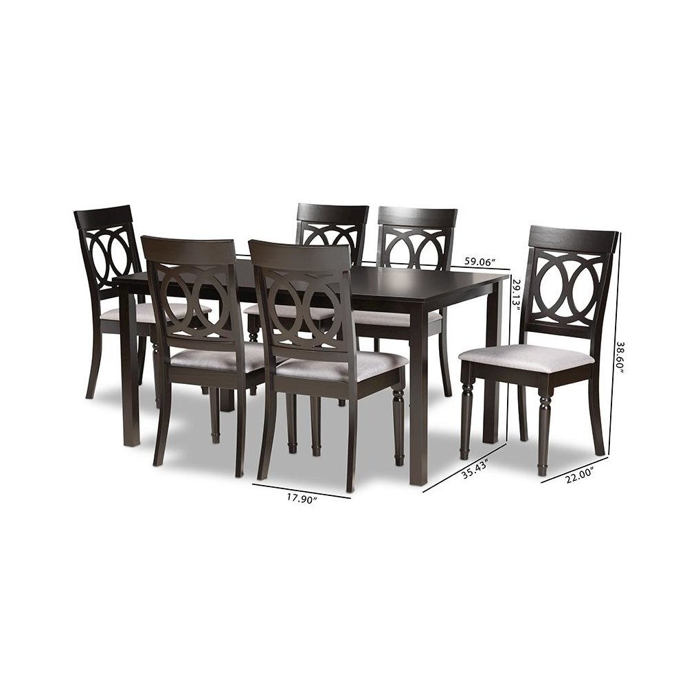 Grey Fabric Upholstered and Dark Brown Finished Wood 7-Piece Dining Set. Picture 9