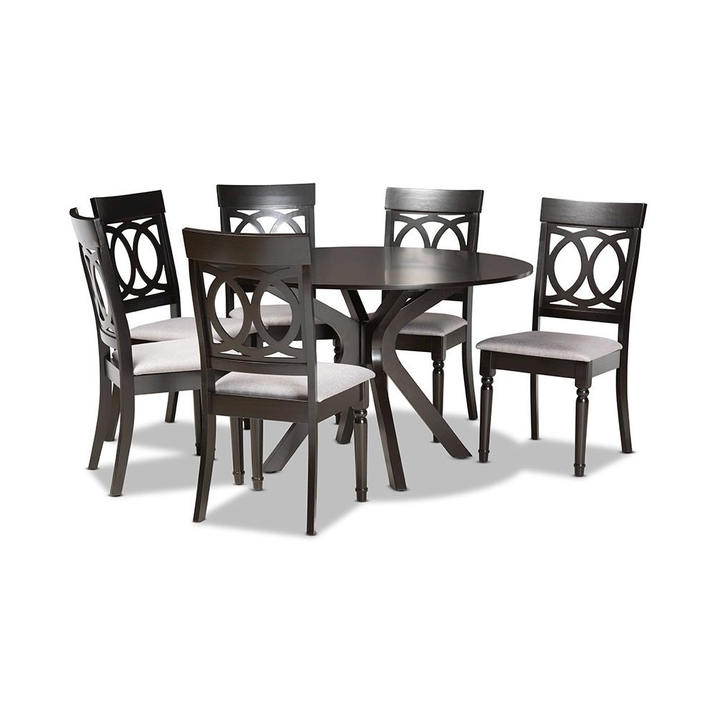 Grey Fabric Upholstered and Dark Brown Finished Wood 7-Piece Dining Set. Picture 1