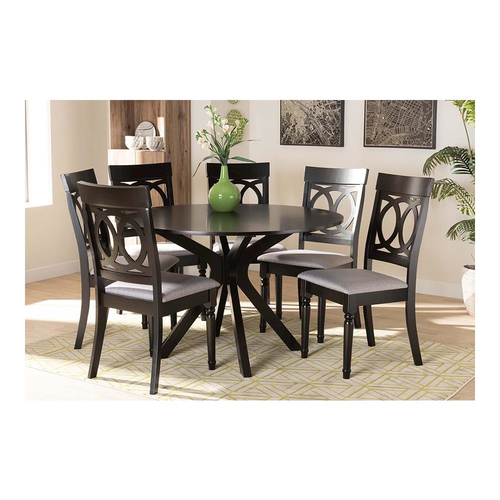 Grey Fabric Upholstered and Dark Brown Finished Wood 7-Piece Dining Set. Picture 7