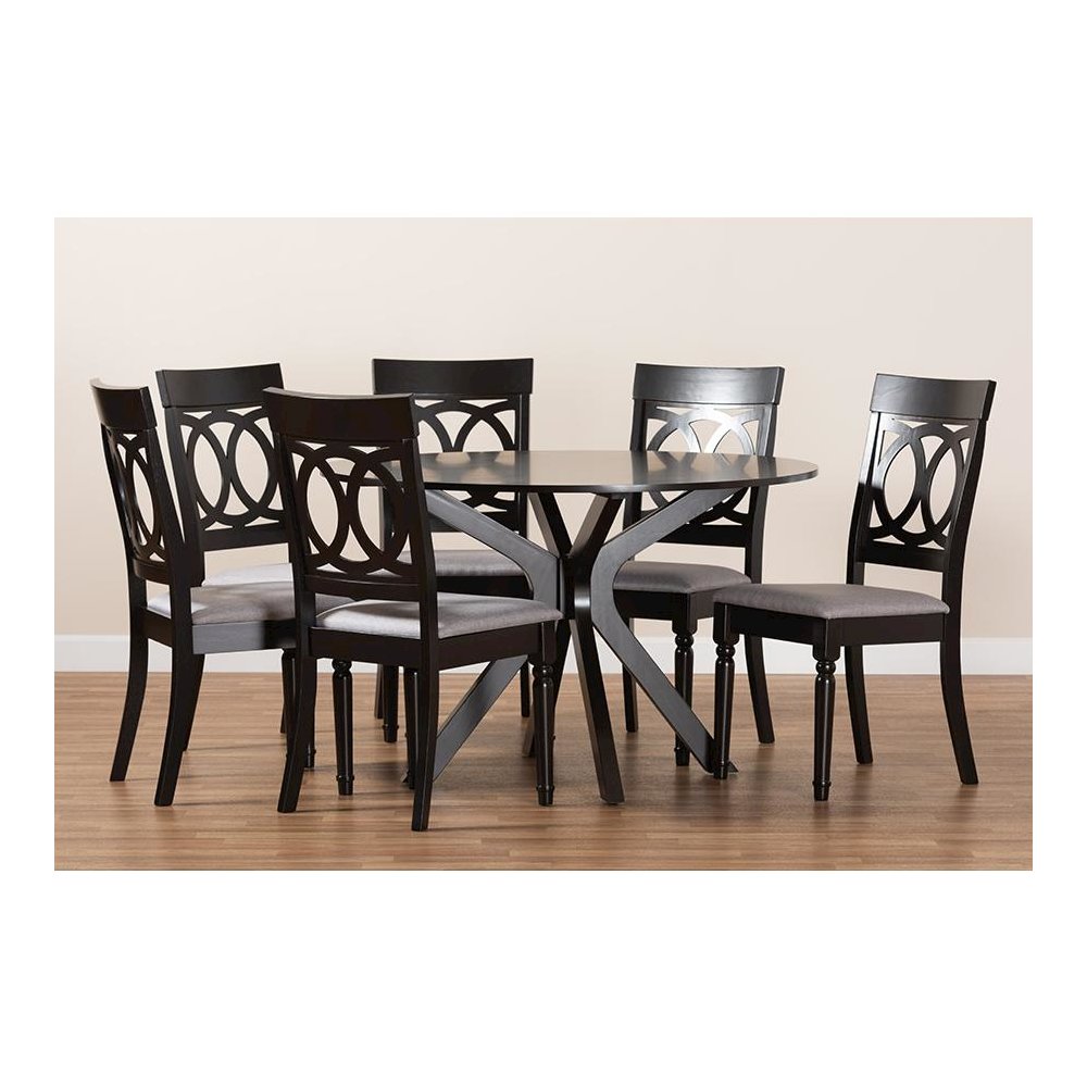 Grey Fabric Upholstered and Dark Brown Finished Wood 7-Piece Dining Set. Picture 8