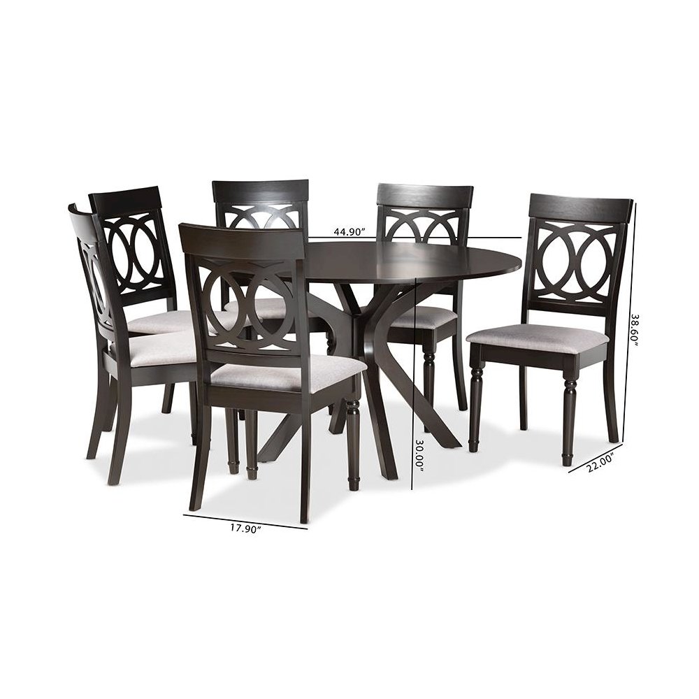 Grey Fabric Upholstered and Dark Brown Finished Wood 7-Piece Dining Set. Picture 9