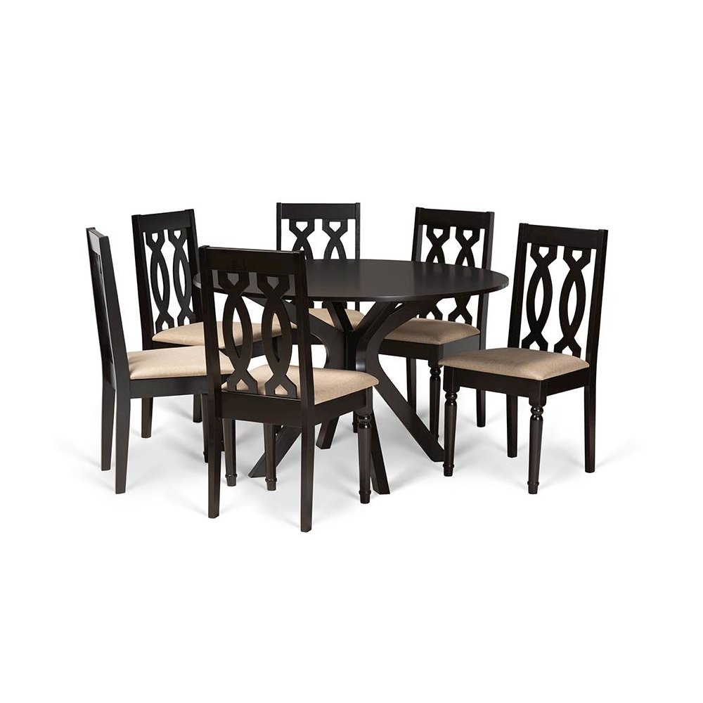 Sand Fabric Upholstered and Dark Brown Finished Wood 7-Piece Dining Set. Picture 1