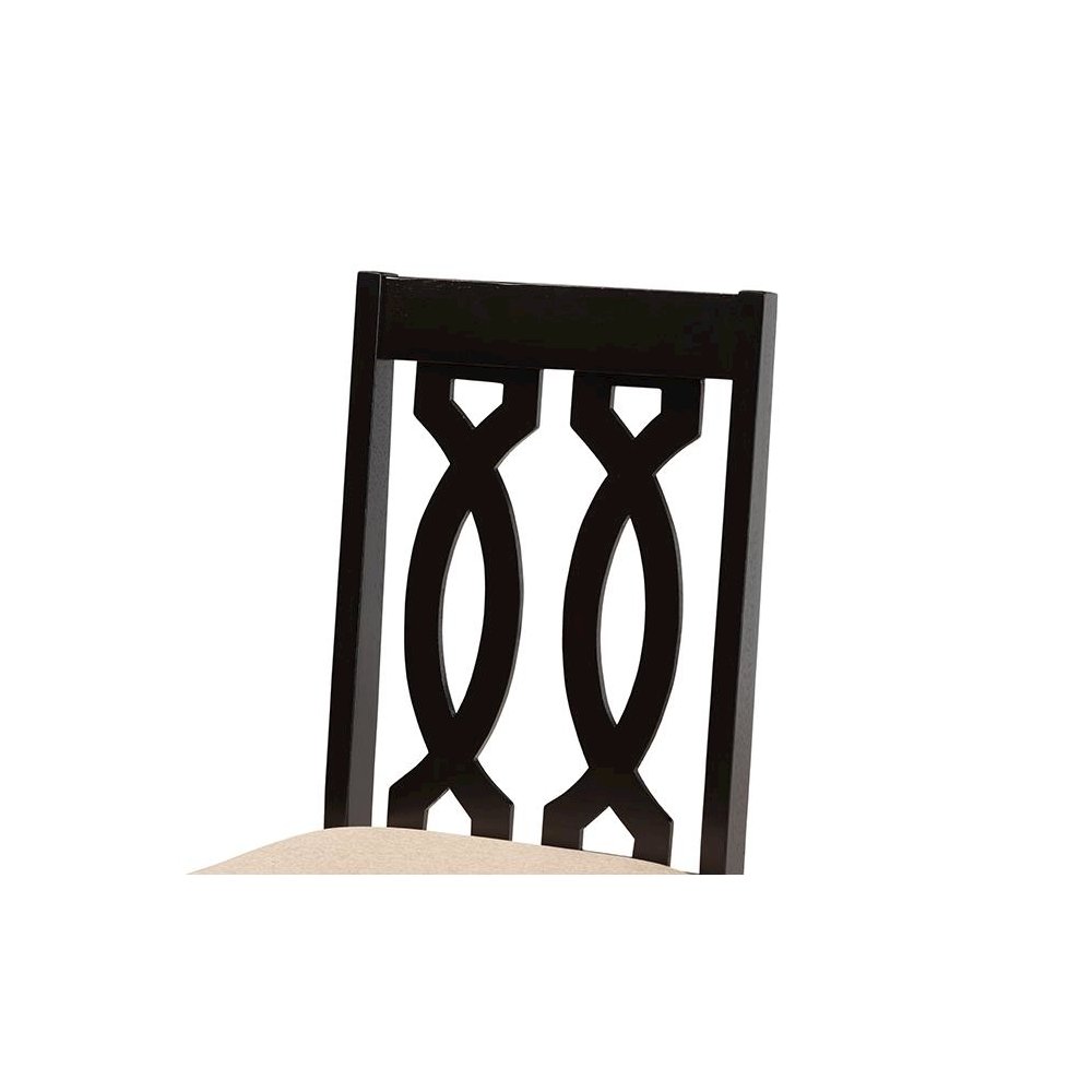 Sand Fabric Upholstered and Dark Brown Finished Wood 7-Piece Dining Set. Picture 5