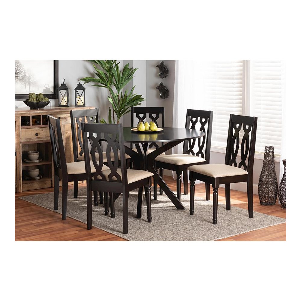 Sand Fabric Upholstered and Dark Brown Finished Wood 7-Piece Dining Set. Picture 7