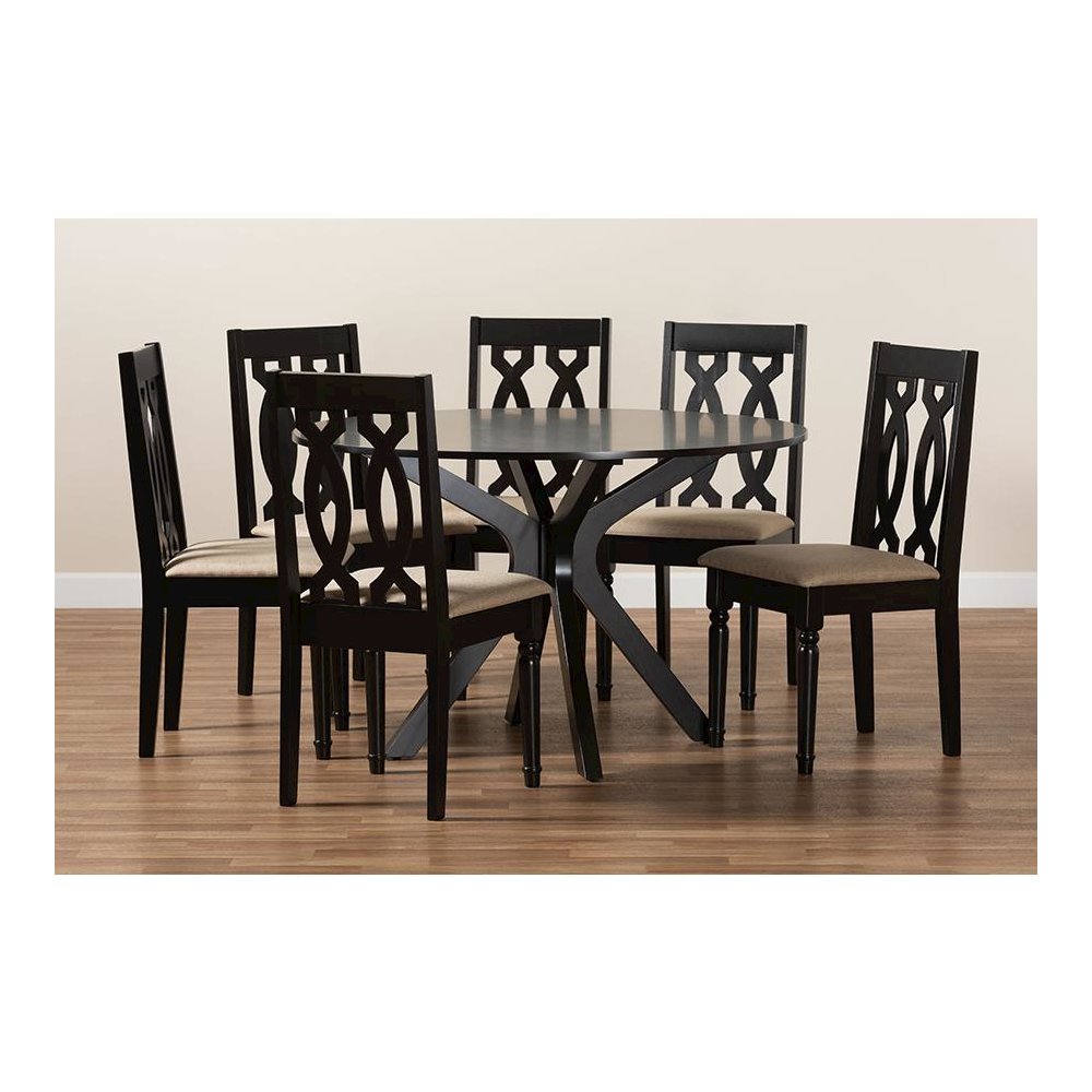 Sand Fabric Upholstered and Dark Brown Finished Wood 7-Piece Dining Set. Picture 8