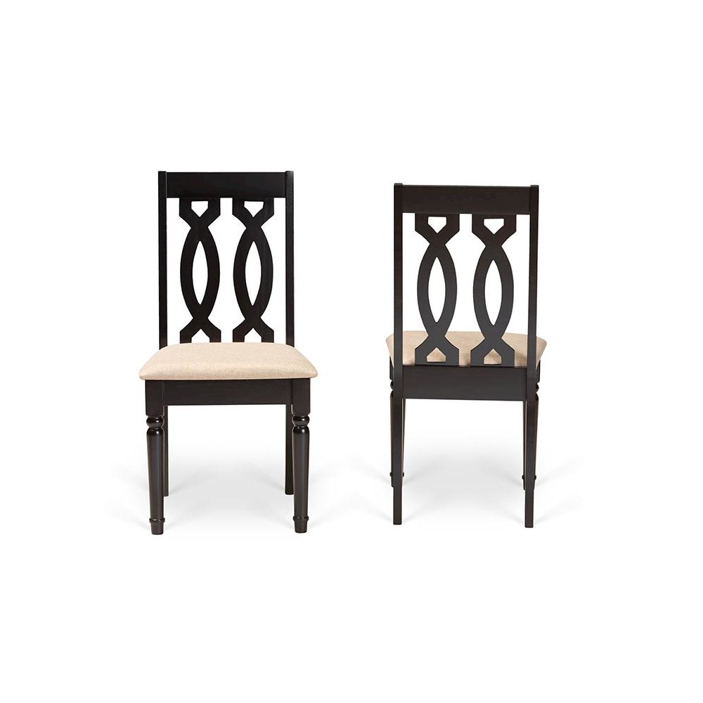 Sand Fabric Upholstered and Dark Brown Finished Wood 2-Piece Dining Chair Set. Picture 2