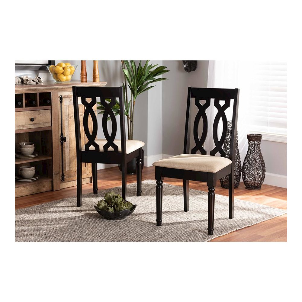 Sand Fabric Upholstered and Dark Brown Finished Wood 2-Piece Dining Chair Set. Picture 6