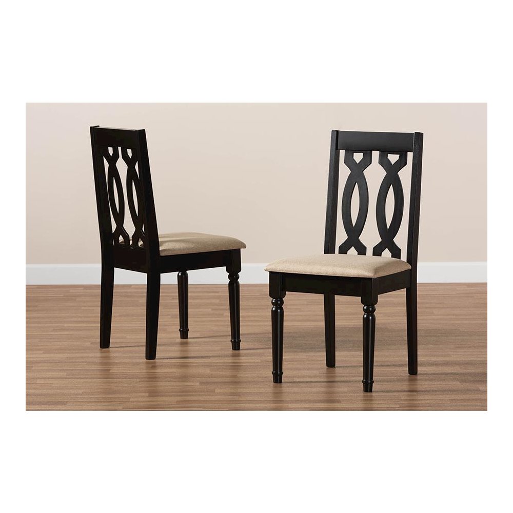 Sand Fabric Upholstered and Dark Brown Finished Wood 2-Piece Dining Chair Set. Picture 7