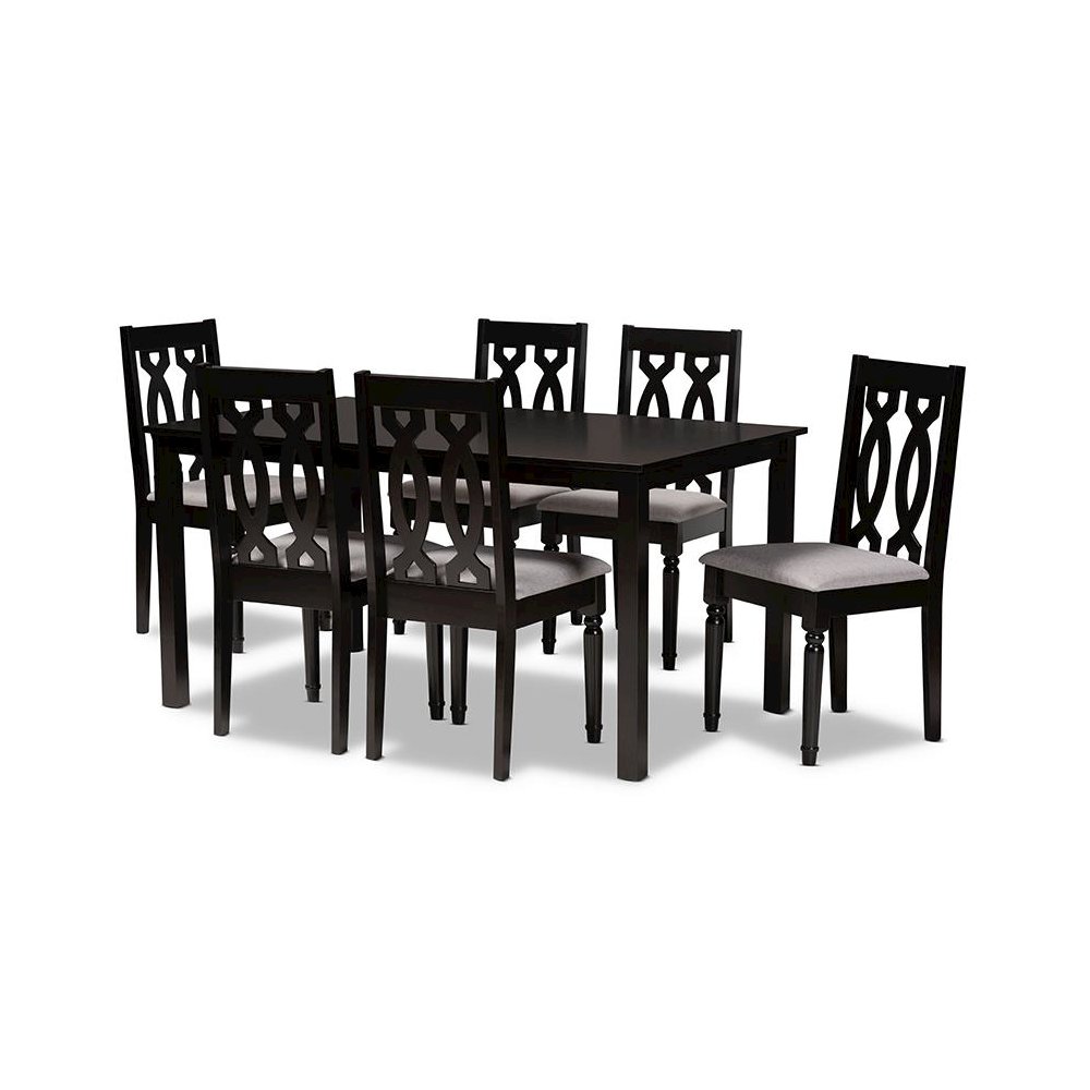 Grey Fabric Upholstered and Dark Brown Finished Wood 7-Piece Dining Set. Picture 1