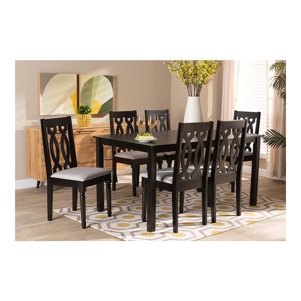 Grey Fabric Upholstered and Dark Brown Finished Wood 7-Piece Dining Set. Picture 7