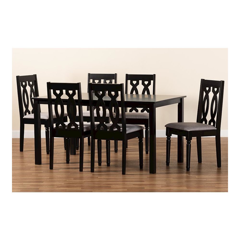 Grey Fabric Upholstered and Dark Brown Finished Wood 7-Piece Dining Set. Picture 8