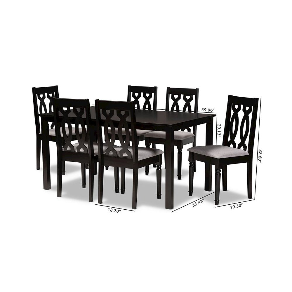 Grey Fabric Upholstered and Dark Brown Finished Wood 7-Piece Dining Set. Picture 9