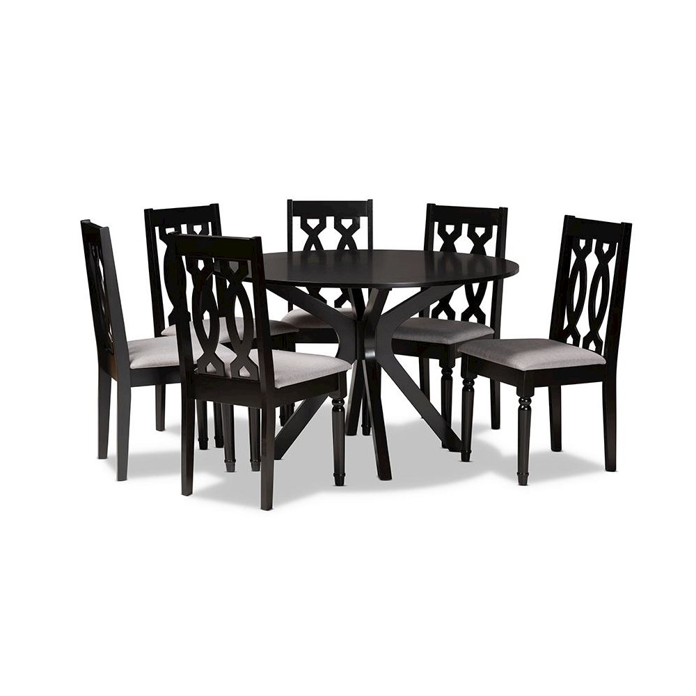 Grey Fabric Upholstered and Dark Brown Finished Wood 7-Piece Dining Set. Picture 1