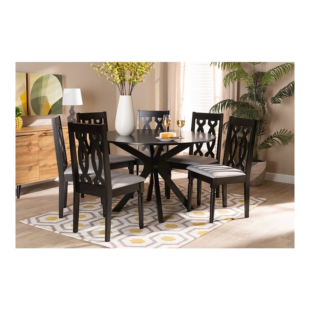 Grey Fabric Upholstered and Dark Brown Finished Wood 7-Piece Dining Set. Picture 7