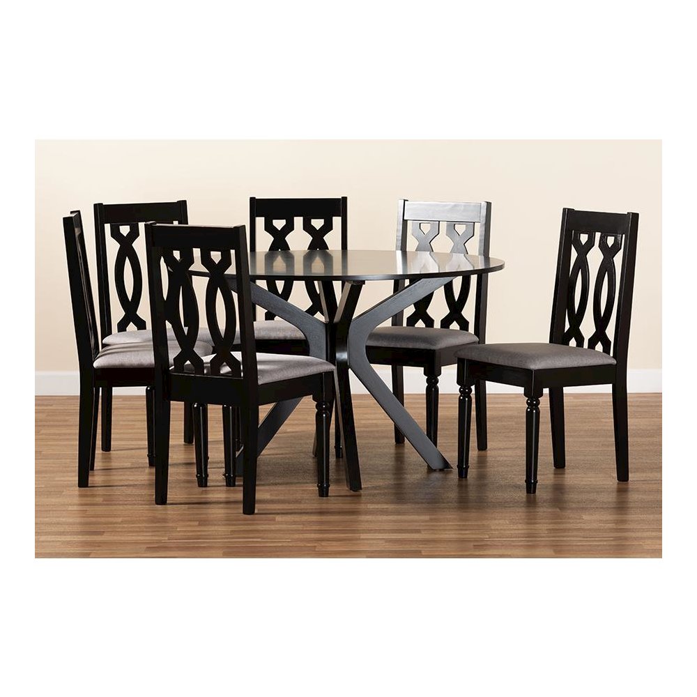 Grey Fabric Upholstered and Dark Brown Finished Wood 7-Piece Dining Set. Picture 8