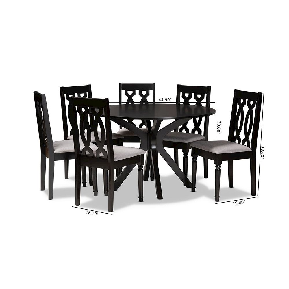 Grey Fabric Upholstered and Dark Brown Finished Wood 7-Piece Dining Set. Picture 9