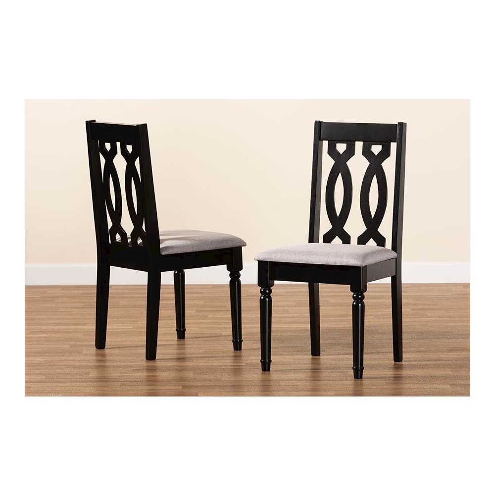 Grey Fabric Upholstered and Dark Brown Finished Wood 2-Piece Dining Chair Set. Picture 7