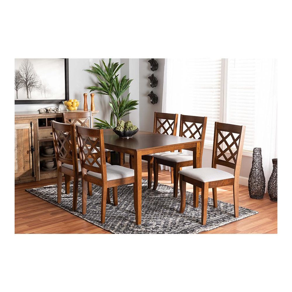 Grey Fabric Upholstered and Walnut Brown Finished Wood 7-Piece Dining Set. Picture 7