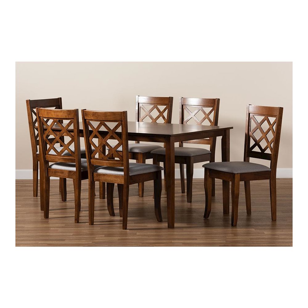 Grey Fabric Upholstered and Walnut Brown Finished Wood 7-Piece Dining Set. Picture 8