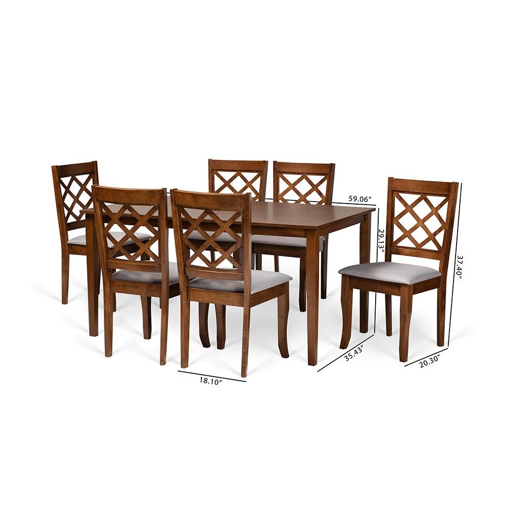 Grey Fabric Upholstered and Walnut Brown Finished Wood 7-Piece Dining Set. Picture 9